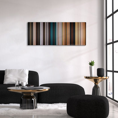 The Chronicles of Narnia: The Lion, the Witch and the Wardrobe color palette canvas above a black sofa with a gold-topped table