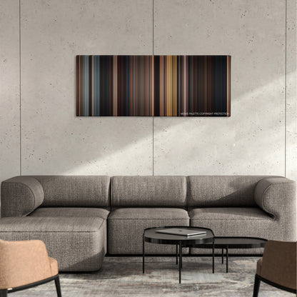 Conan the Barbarian color palette canvas on a concrete wall above a gray sectional sofa