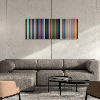 Licence to Kill color palette canvas on a concrete wall above a gray sectional sofa