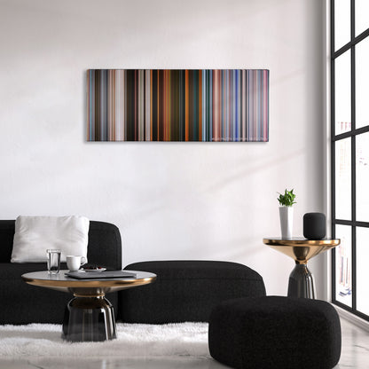 Spider-Man: Far from Home color palette canvas above a black sofa with a gold-topped table