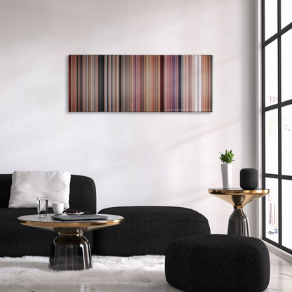 Willy Wonka & the Chocolate Factory color palette canvas above a black sofa with a gold-topped table
