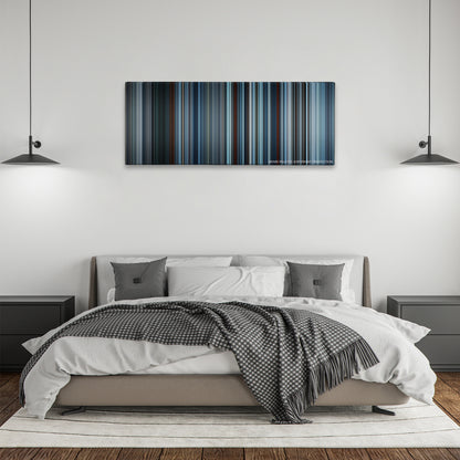 The Revenant color palette canvas above a bed, between two black pendant lamps