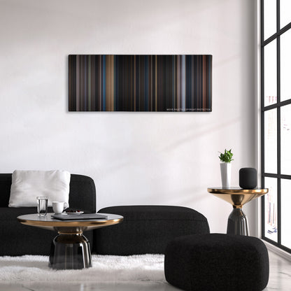 Iron Man 3 color palette canvas above a black sofa with a gold-topped table