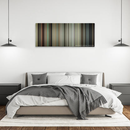 30 Minutes or Less color palette canvas above a bed, between two black pendant lamps