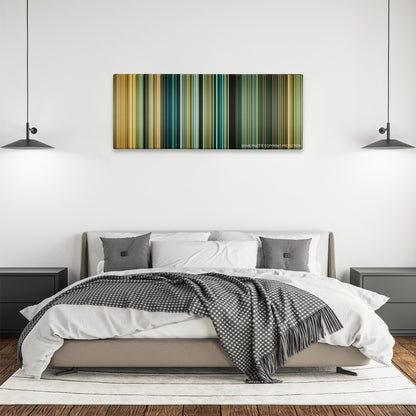 Colombiana color palette canvas above a bed, between two black pendant lamps