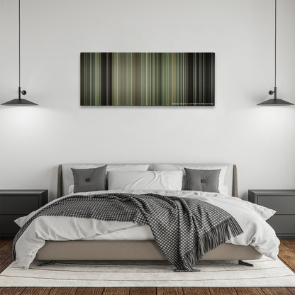 Gran Torino color palette canvas above a bed, between two black pendant lamps