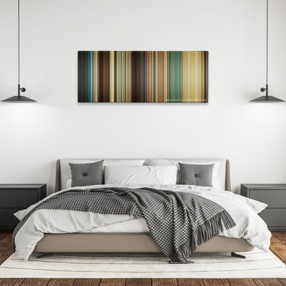 Den of Thieves color palette canvas above a bed, between two black pendant lamps