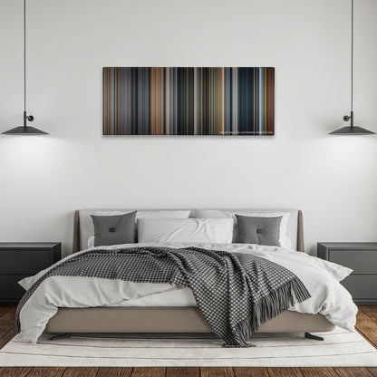 The Pianist color palette canvas above a bed, between two black pendant lamps
