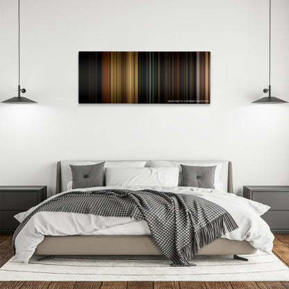 Vacancy color palette canvas above a bed, between two black pendant lamps