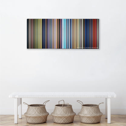 Bambi color palette canvas above a white bench with three woven baskets