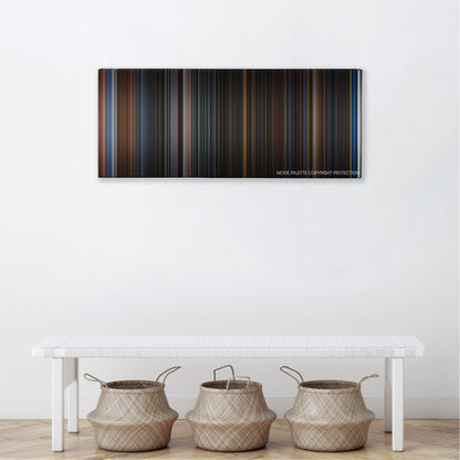 Ghost Ship color palette canvas above a white bench with three woven baskets