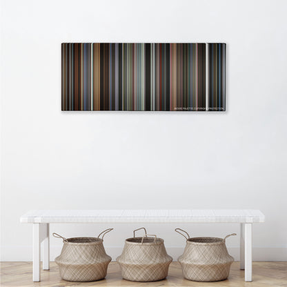 Lost Highway color palette canvas above a white bench with three woven baskets