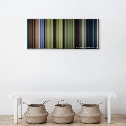 Journey 2: The Mysterious Island color palette canvas above a white bench with three woven baskets