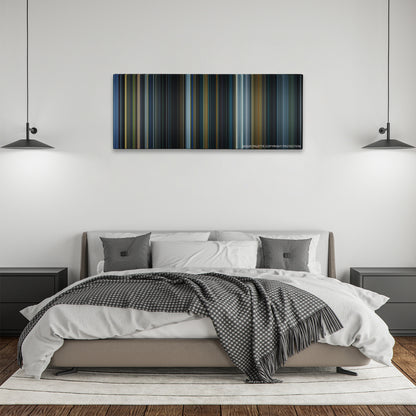 Prometheus color palette canvas above a bed, between two black pendant lamps