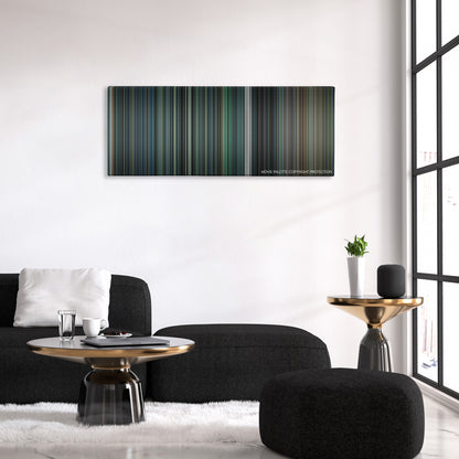 Money Monster color palette canvas above a black sofa with a gold-topped table