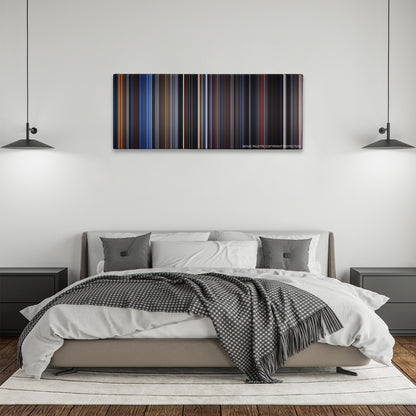 X-Men color palette canvas above a bed, between two black pendant lamps