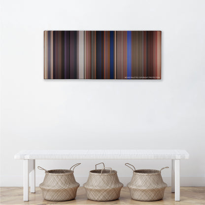 Chasing Amy color palette canvas above a white bench with three woven baskets