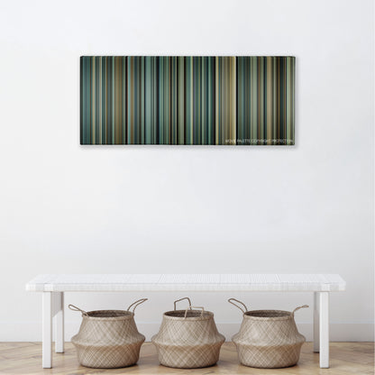 A Prophet color palette canvas above a white bench with three woven baskets