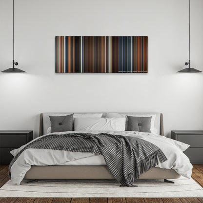 Ant-Man color palette canvas above a bed, between two black pendant lamps