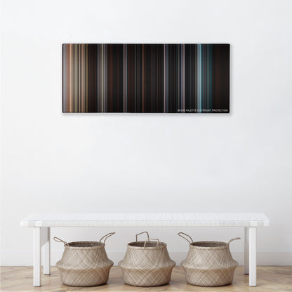 The Cabin in the Woods color palette canvas above a white bench with three woven baskets