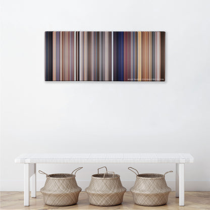 A Clockwork Orange color palette canvas above a white bench with three woven baskets