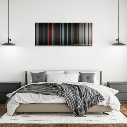 The Warriors color palette canvas above a bed, between two black pendant lamps