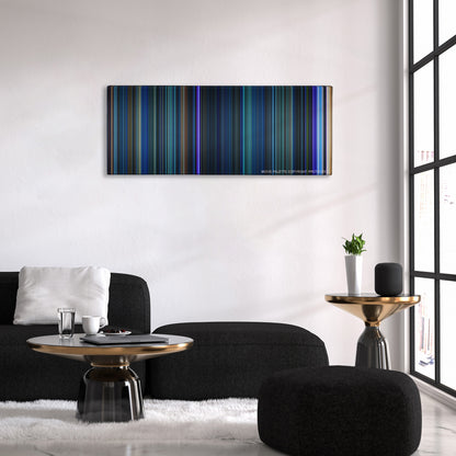 The Abyss color palette canvas above a black sofa with a gold-topped table