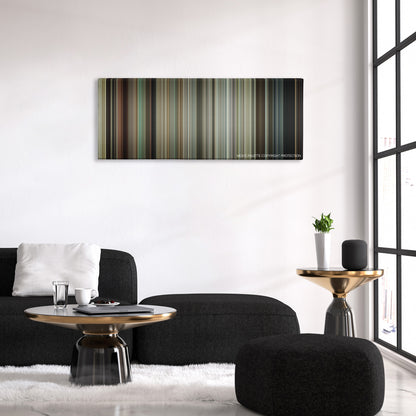30 Minutes or Less color palette canvas above a black sofa with a gold-topped table