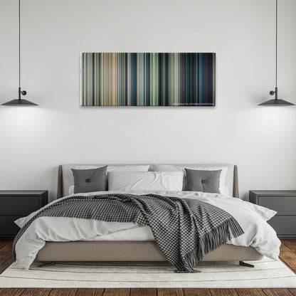 Jurassic World color palette canvas above a bed, between two black pendant lamps