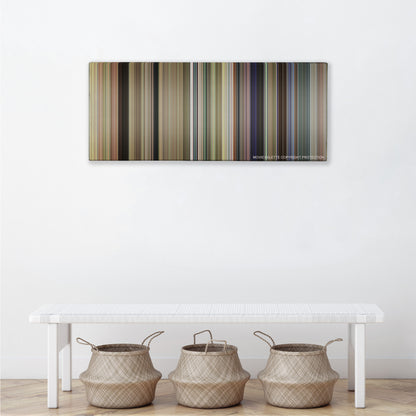 Dumb and Dumber To color palette canvas above a white bench with three woven baskets