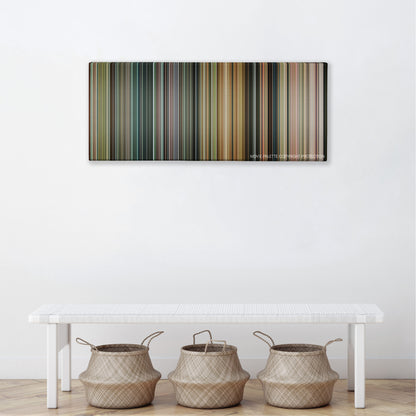 The Brothers Grimsby color palette canvas above a white bench with three woven baskets