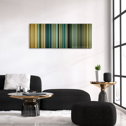 Colombiana color palette canvas above a black sofa with a gold-topped table