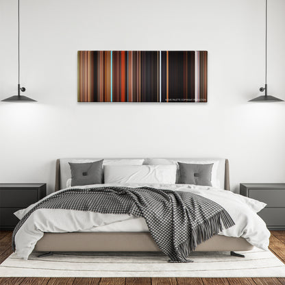Zathura: A Space Adventure color palette canvas above a bed, between two black pendant lamps