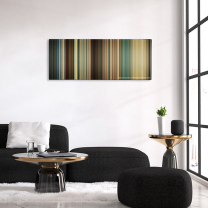Den of Thieves color palette canvas above a black sofa with a gold-topped table