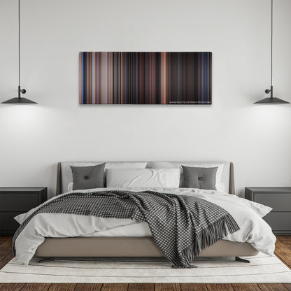 Back to the Future Part II color palette canvas above a bed, between two black pendant lamps