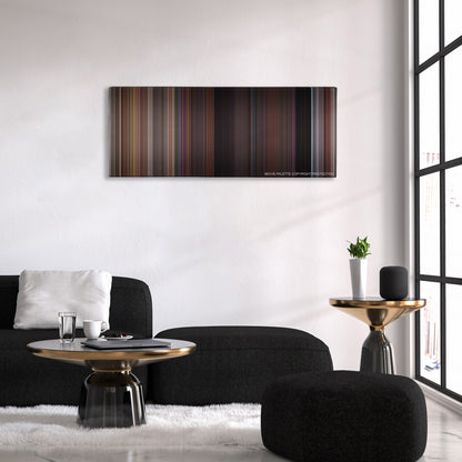 Before Sunrise color palette canvas above a black sofa with a gold-topped table