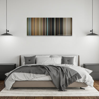 Rise of the Planet of Apes color palette canvas above a bed, between two black pendant lamps