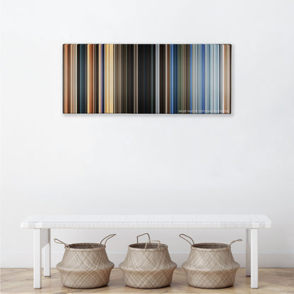 The Old Guard color palette canvas above a white bench with three woven baskets
