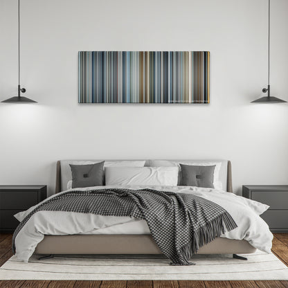 Minority Report color palette canvas above a bed, between two black pendant lamps