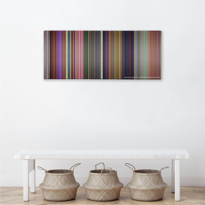 Alice in Wonderland color palette canvas above a white bench with three woven baskets