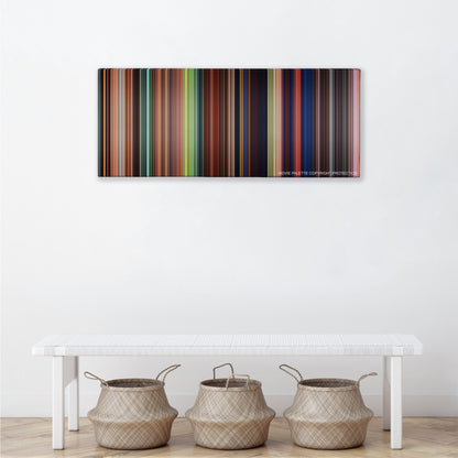 Tangled color palette canvas above a white bench with three woven baskets