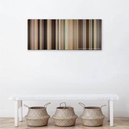 Trainwreck color palette canvas above a white bench with three woven baskets