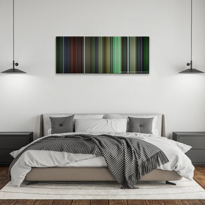 The Matrix Reloaded color palette canvas above a bed, between two black pendant lamps