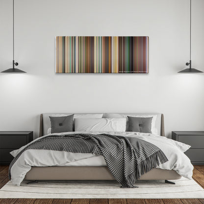 Kick-Ass color palette canvas above a bed, between two black pendant lamps