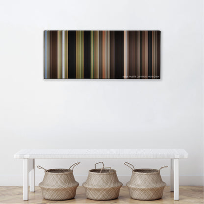 Crocodile Dundee color palette canvas above a white bench with three woven baskets