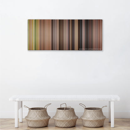 A Knight's Tale color palette canvas above a white bench with three woven baskets