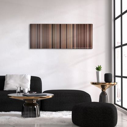 Mrs. Doubtfire color palette canvas above a black sofa with a gold-topped table