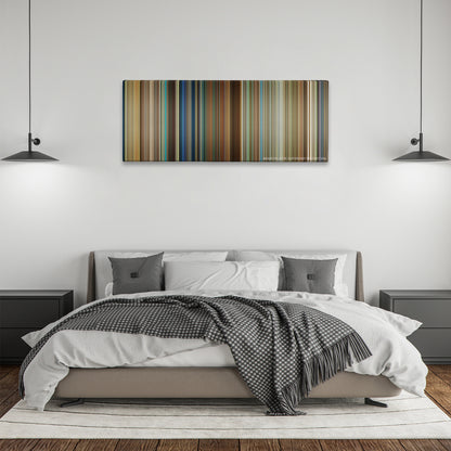 Lucy color palette canvas above a bed, between two black pendant lamps
