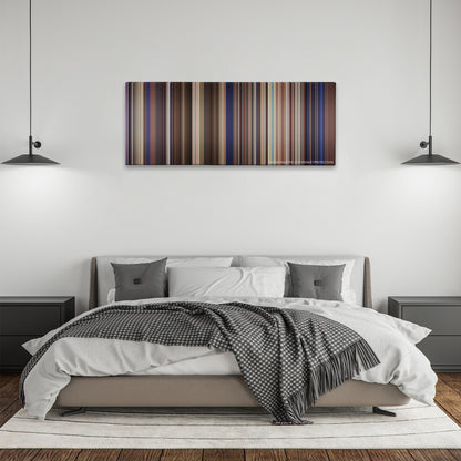 Bill & Ted's Excellent Adventure color palette canvas above a bed, between two black pendant lamps