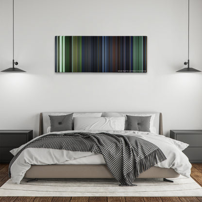 The Matrix Revolutions color palette canvas above a bed, between two black pendant lamps